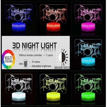 LED 3D lamp Akoestisch Drumstel (7 kleuren instelbaar) met remote control/ afstandsbediening
