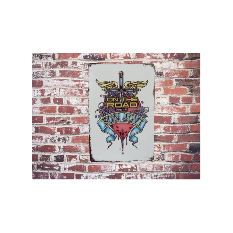 Wandschild Bon Jovi „on the road“ – Vintage Retro – Mancave – Wanddekoration – Werbeschild – Metallschild