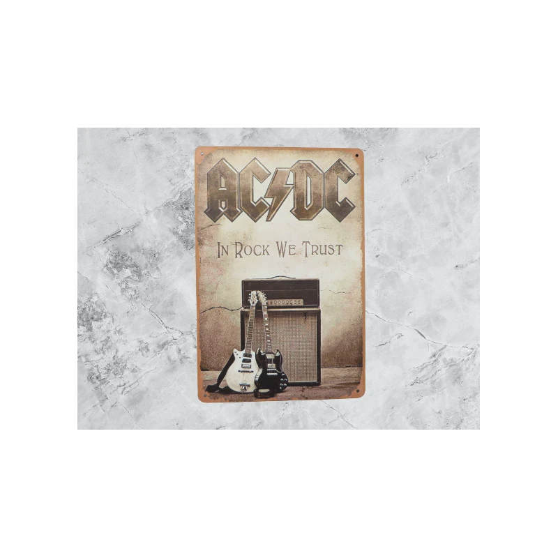 Wandbord ACDC "In rock we trust" - Vintage Retro - Mancave - Wand Decoratie - Reclame Bord - Metalen bord