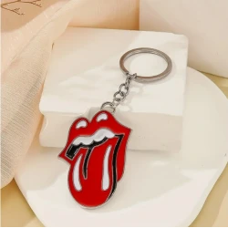 Porte-clés avec logo en relief en métal moulé sous pression, langue et lèvres des Rolling Stones, argent/rouge